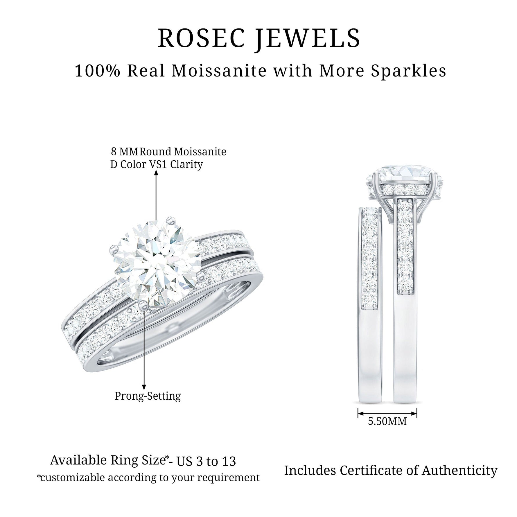 Certified 8 MM Moissanite Solitaire Wedding Ring Set