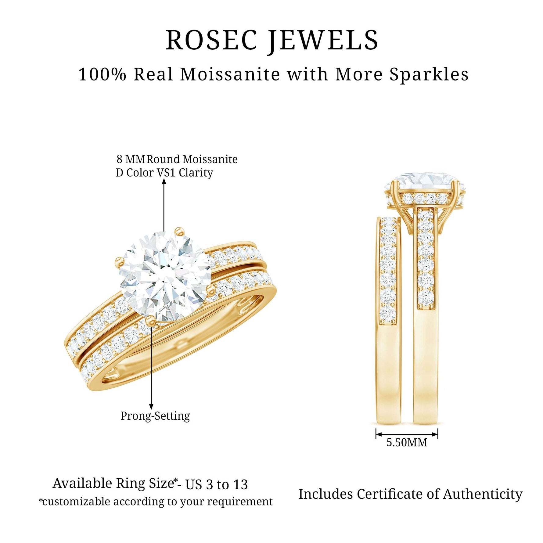 Certified 8 MM Moissanite Solitaire Wedding Ring Set