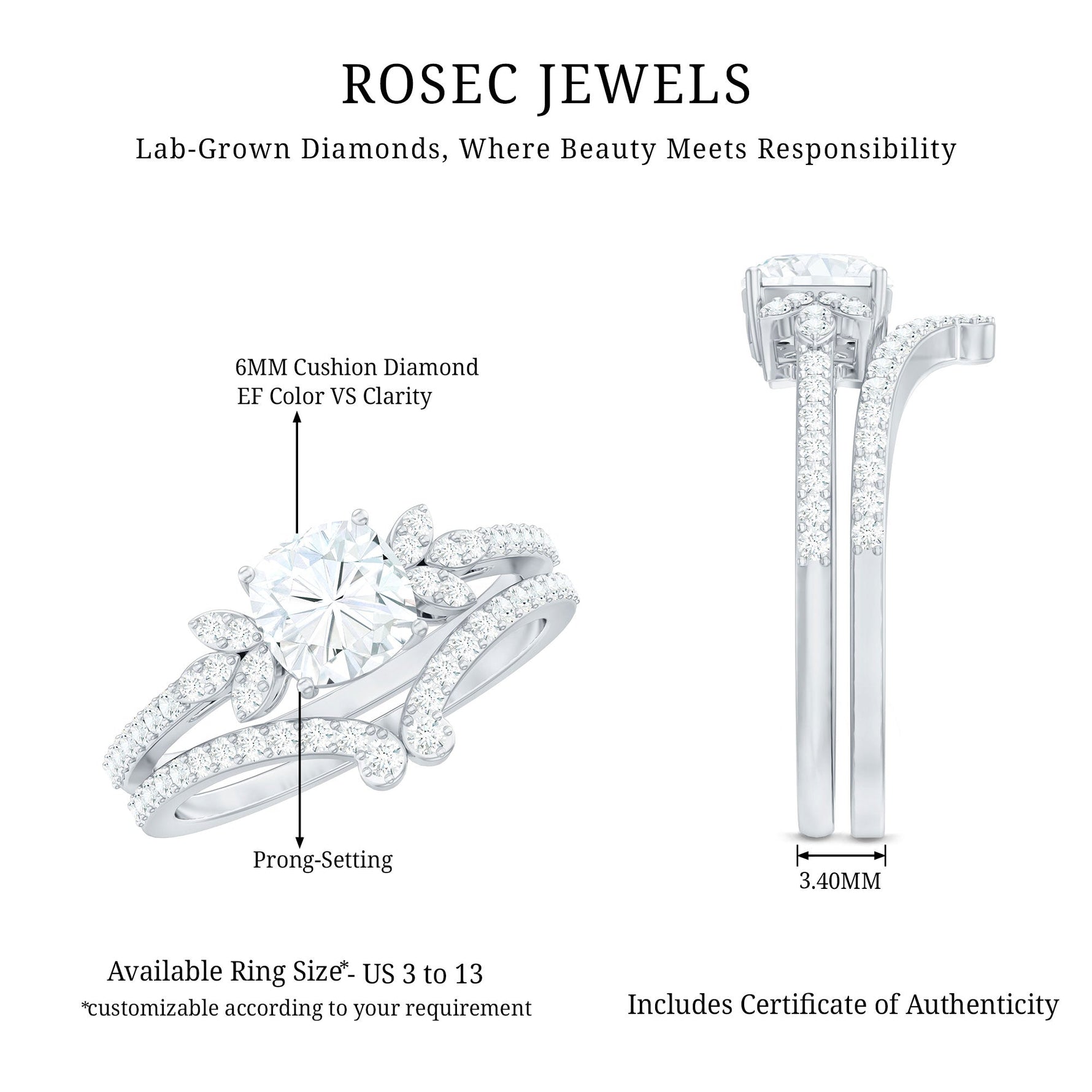 Certified 6 MM Cushion Lab Grown Diamond Engagement Ring with Wedding Band