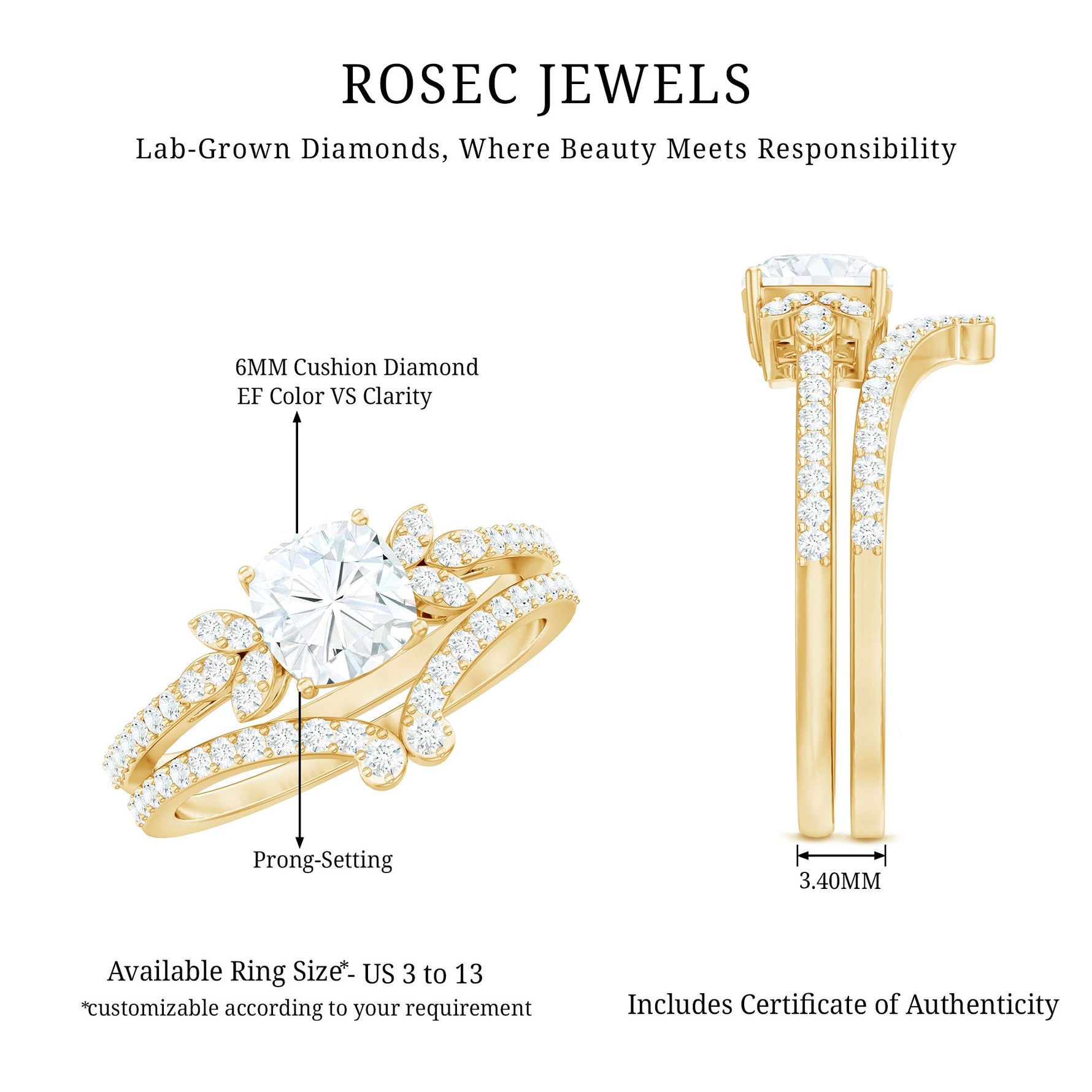 Certified 6 MM Cushion Lab Grown Diamond Engagement Ring with Wedding Band