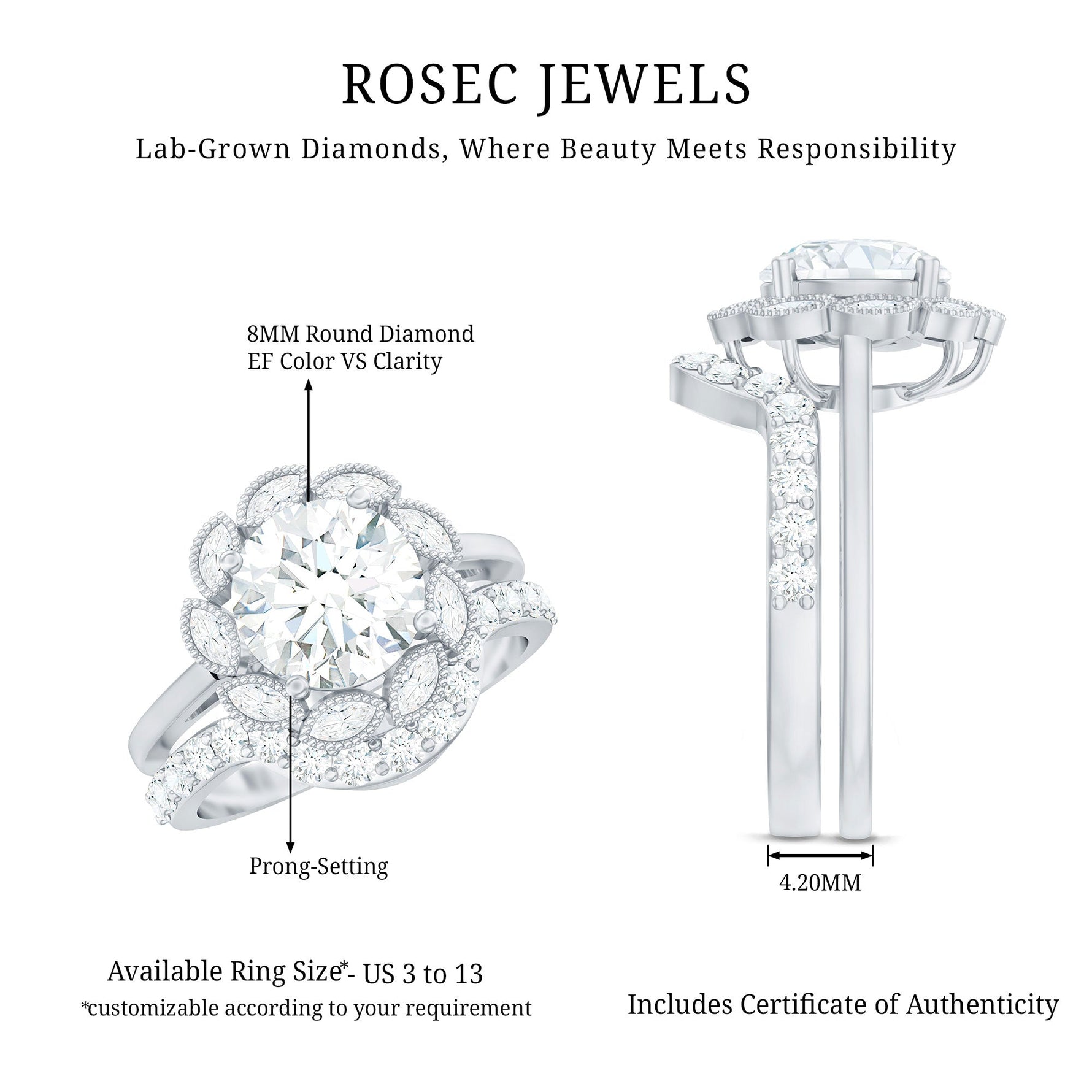 Lab Grown Diamond Vintage Inspired Engagement Ring with Wedding Band