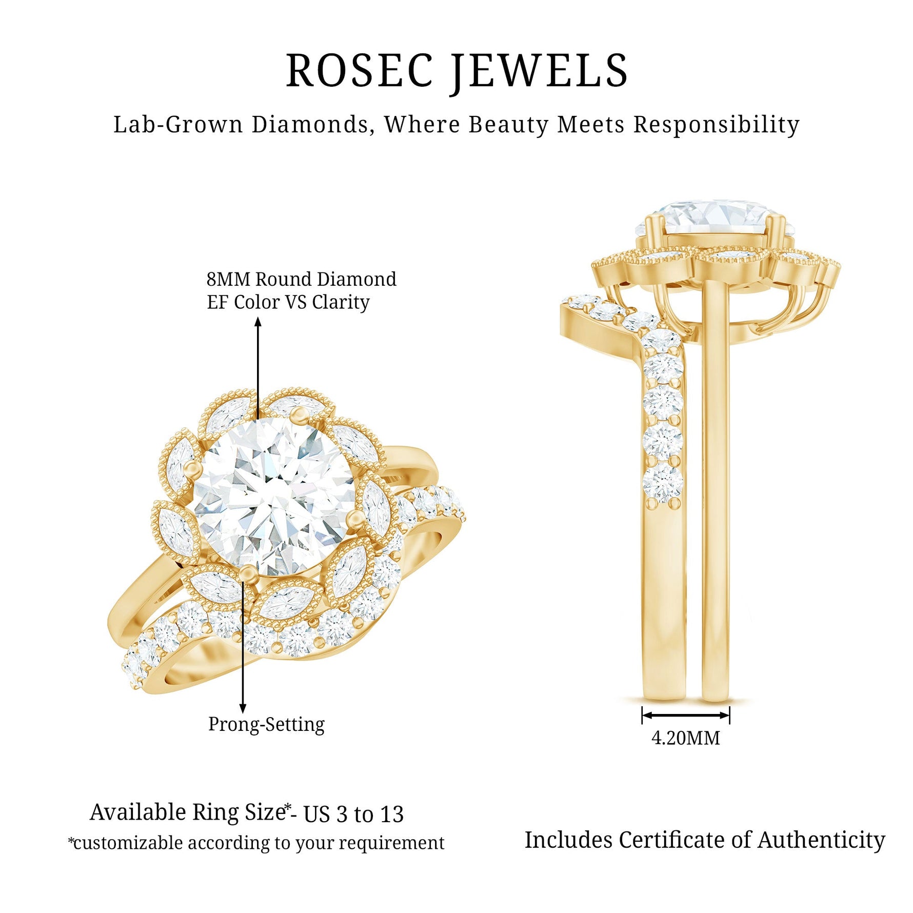 Lab Grown Diamond Vintage Inspired Engagement Ring with Wedding Band