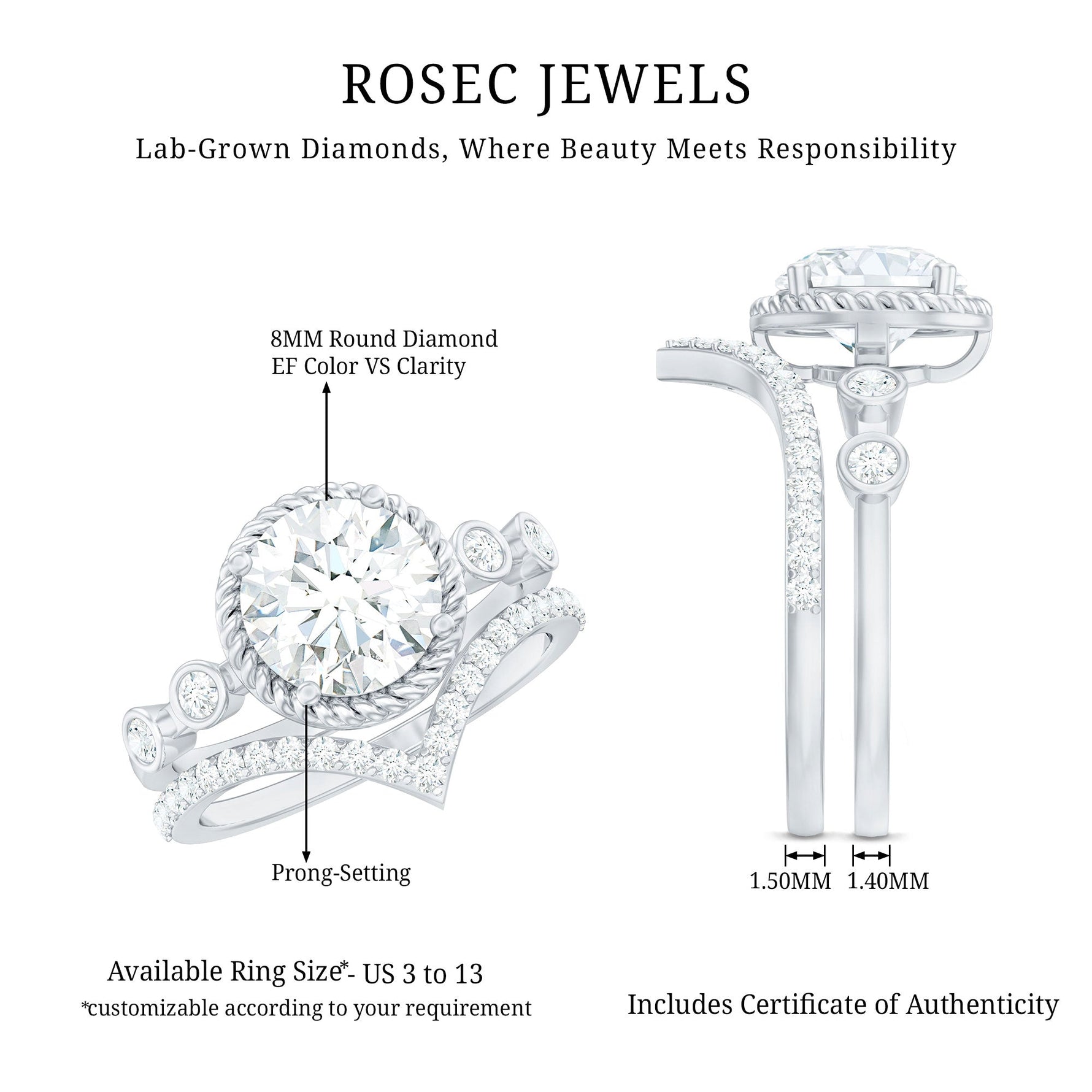 Certified Lab Grown Diamond Solitaire Bridal Ring Set With Enhancer