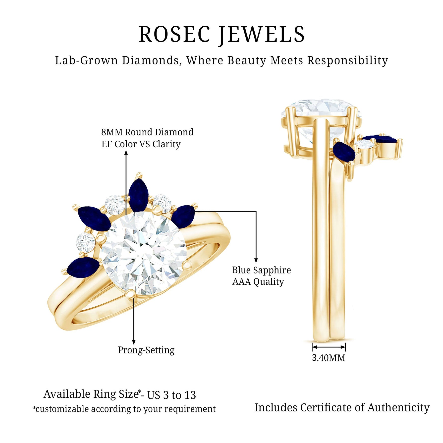 Certified Lab Grown Diamond Designer Engagement Ring Set With Sapphire