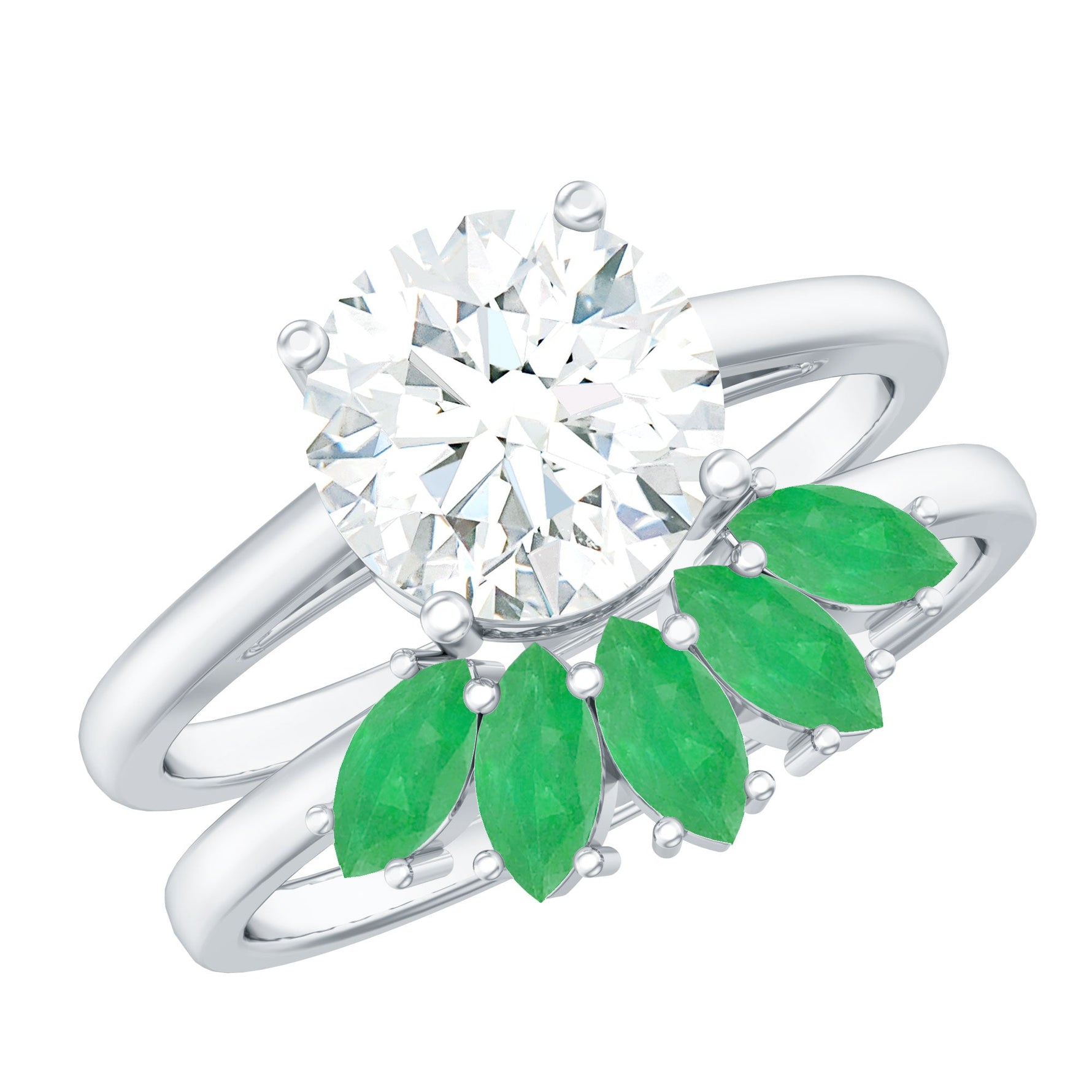 Certified 8 MM Lab Grown Diamond Engagement Ring With Emerald Wedding Band