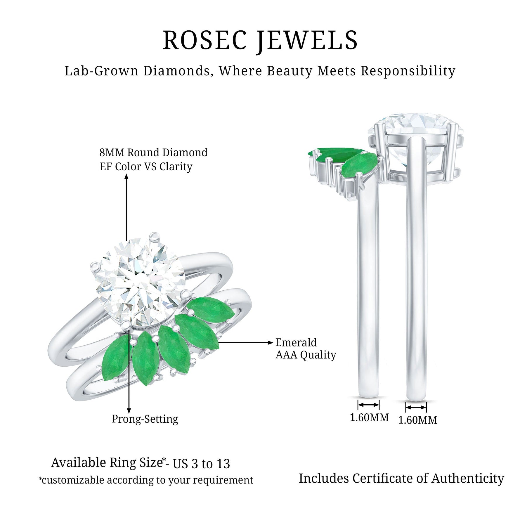 Certified 8 MM Lab Grown Diamond Engagement Ring With Emerald Wedding Band