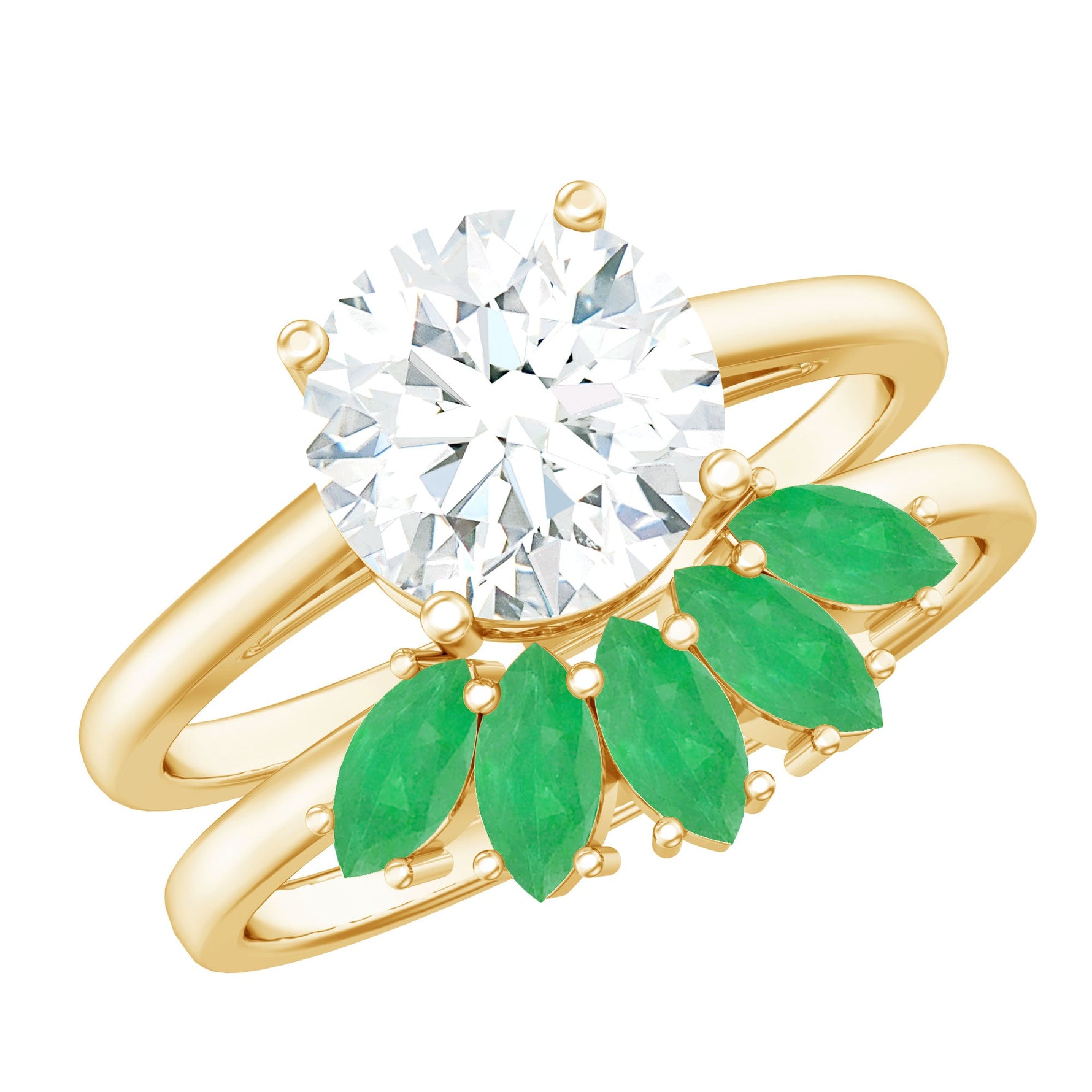 Certified 8 MM Lab Grown Diamond Engagement Ring With Emerald Wedding Band