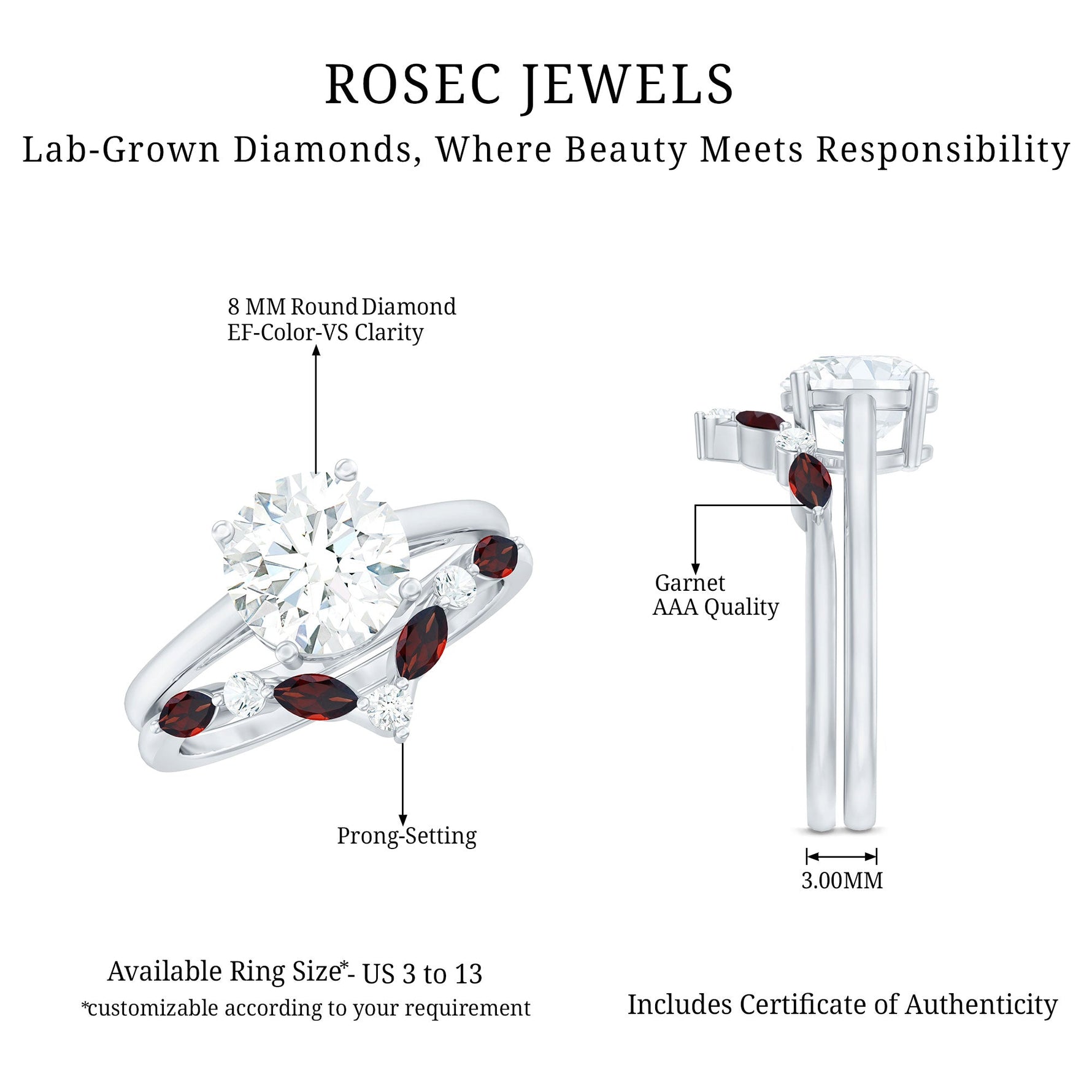 Certified 8 MM Lab Grown Diamond Bridal Ring Set With Garnet Enhancer