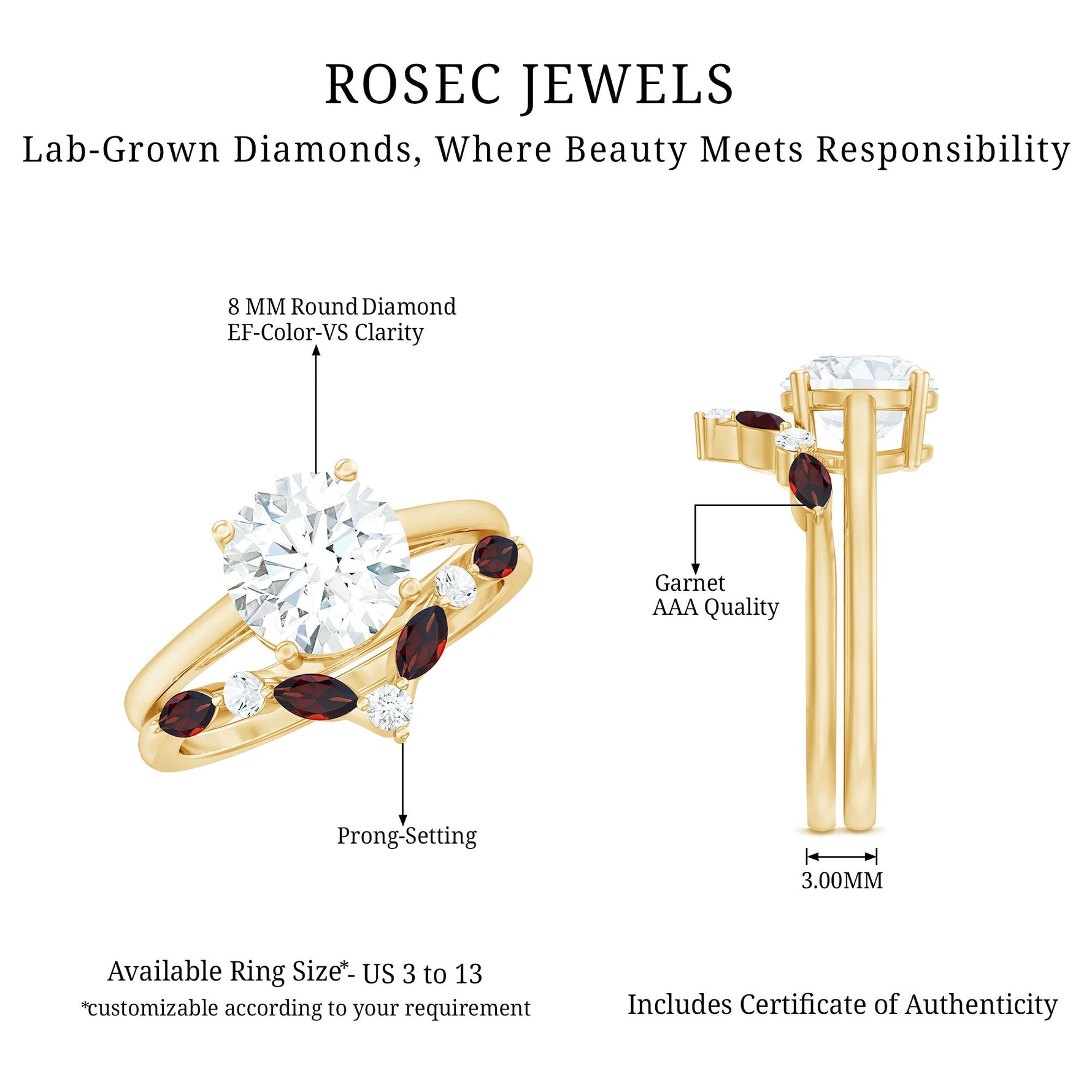 Certified 8 MM Lab Grown Diamond Bridal Ring Set With Garnet Enhancer