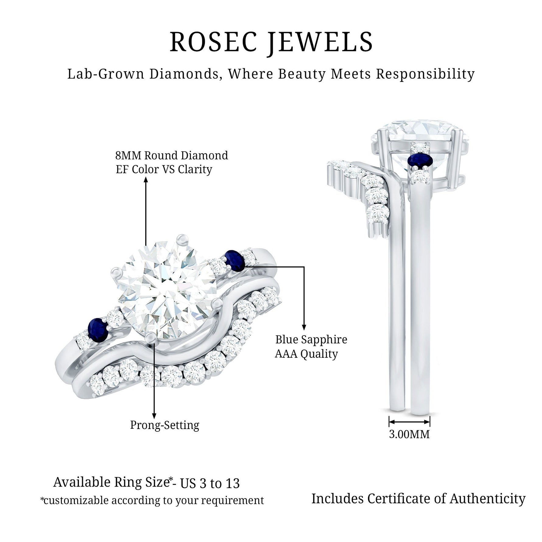 2 Carat Certified Lab Grown Diamond Engagement Ring With Wedding Band