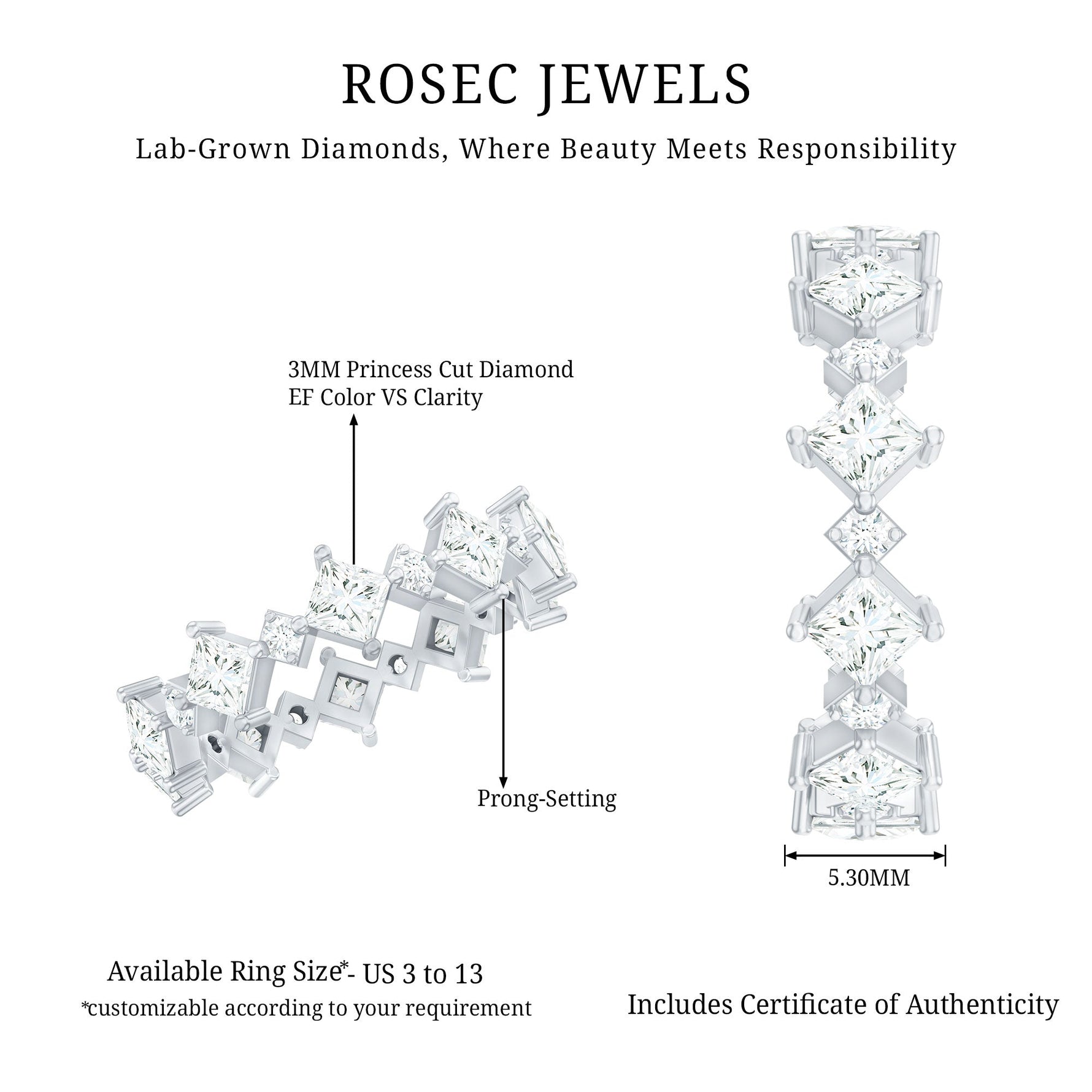 Certified Princess Cut Lab Grown Diamond Eternity Wedding Ring