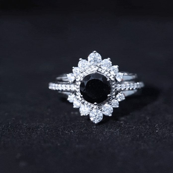 Vintage Inspired Black Spinel Wedding Ring Set with Moissanite Enhancers