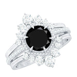 Vintage Inspired Black Spinel Wedding Ring Set with Moissanite Enhancers