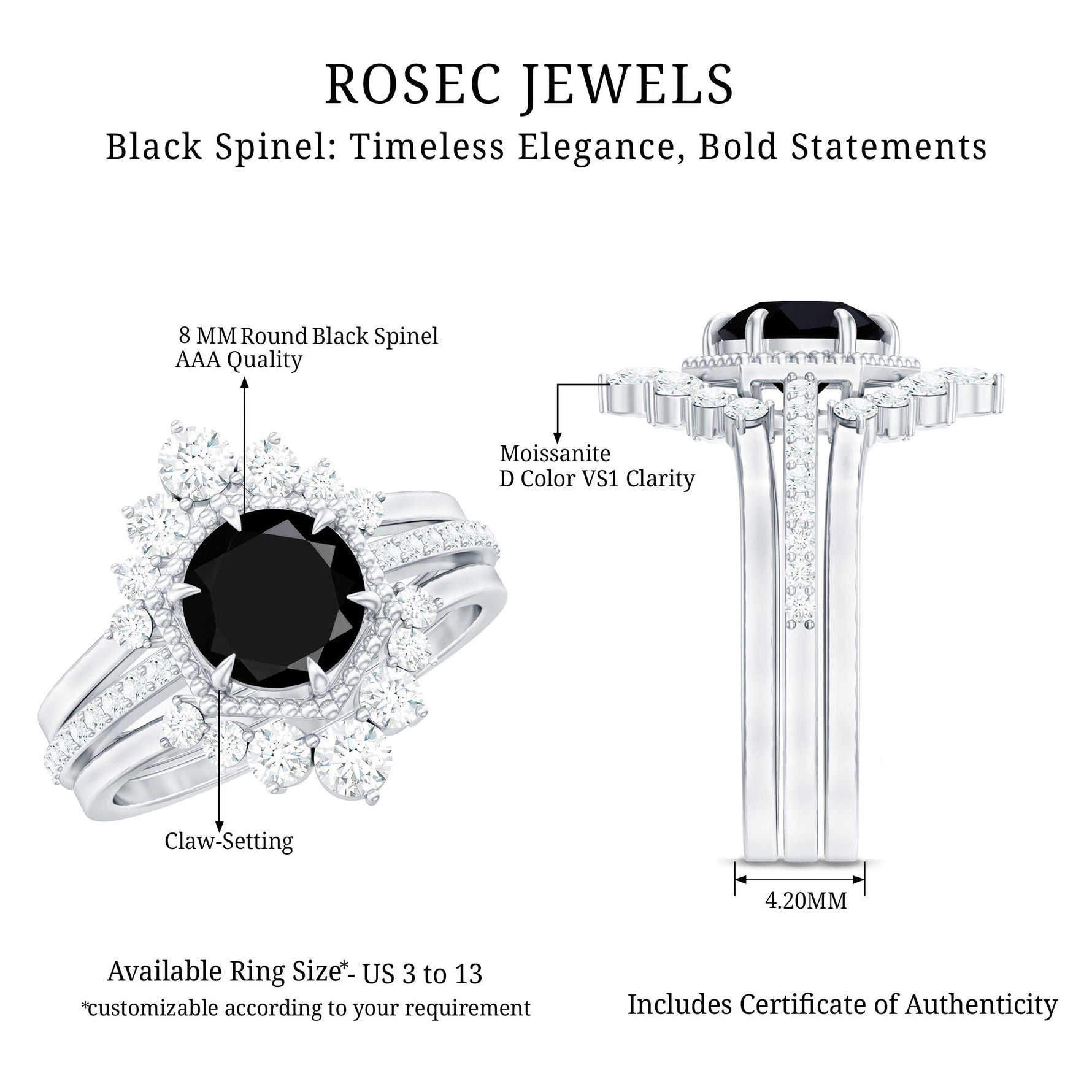 Vintage Inspired Black Spinel Wedding Ring Set with Moissanite Enhancers