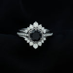 Vintage Inspired Black Spinel Wedding Ring Set with Moissanite Enhancers