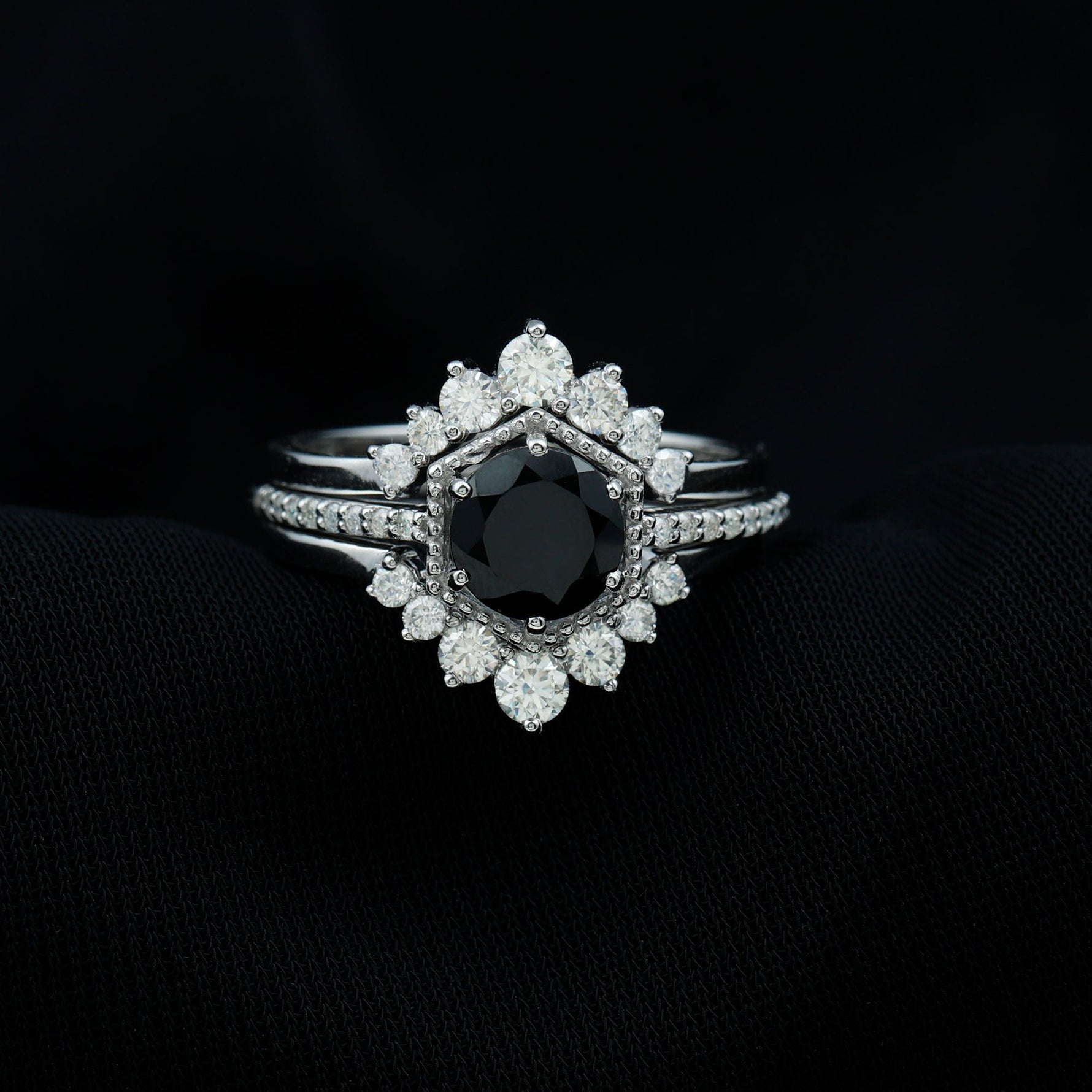Vintage Inspired Black Spinel Wedding Ring Set with Moissanite Enhancers