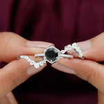 Vintage Inspired Black Spinel Wedding Ring Set with Moissanite Enhancers