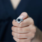 Vintage Inspired Black Spinel Wedding Ring Set with Moissanite Enhancers