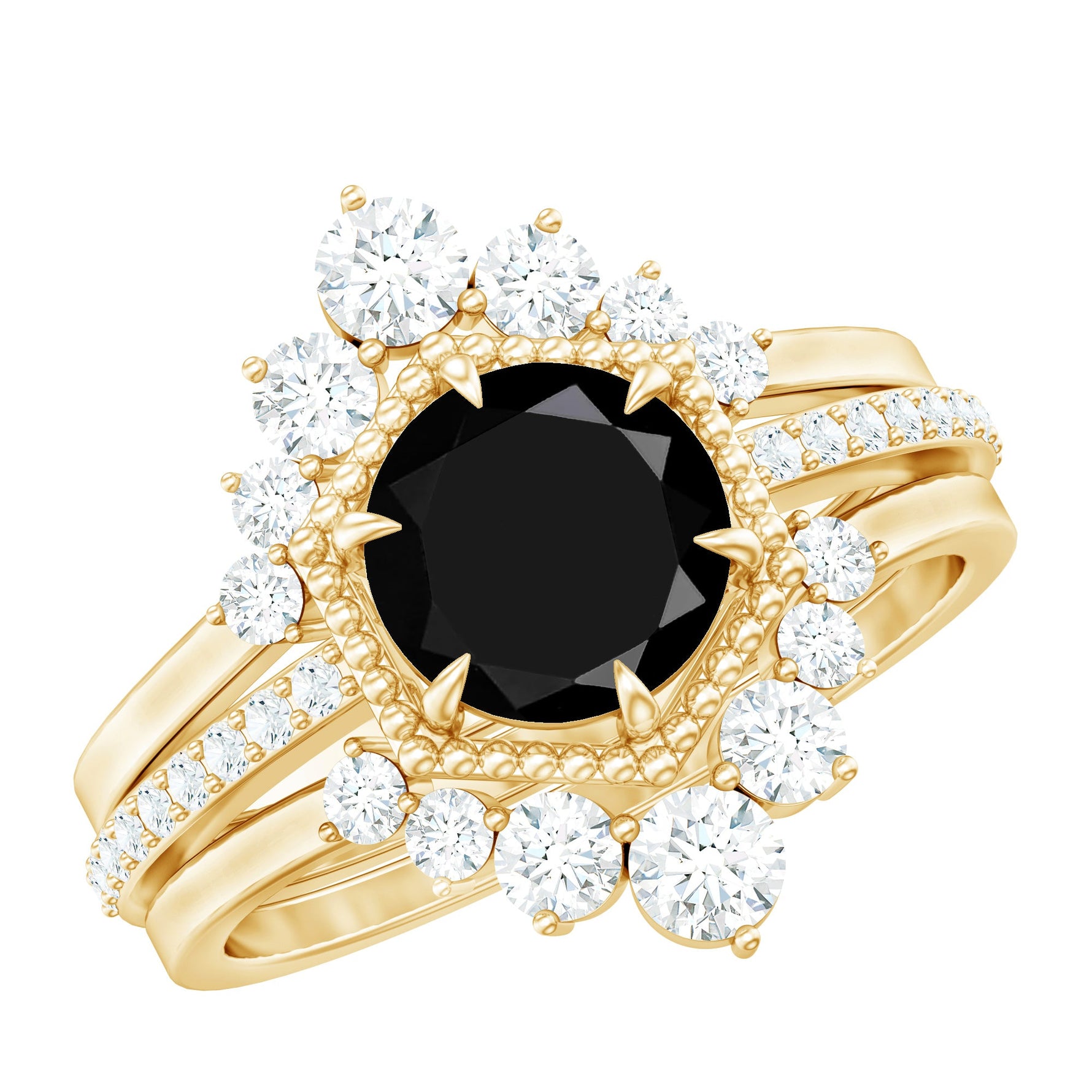 Vintage Inspired Black Spinel Wedding Ring Set with Moissanite Enhancers