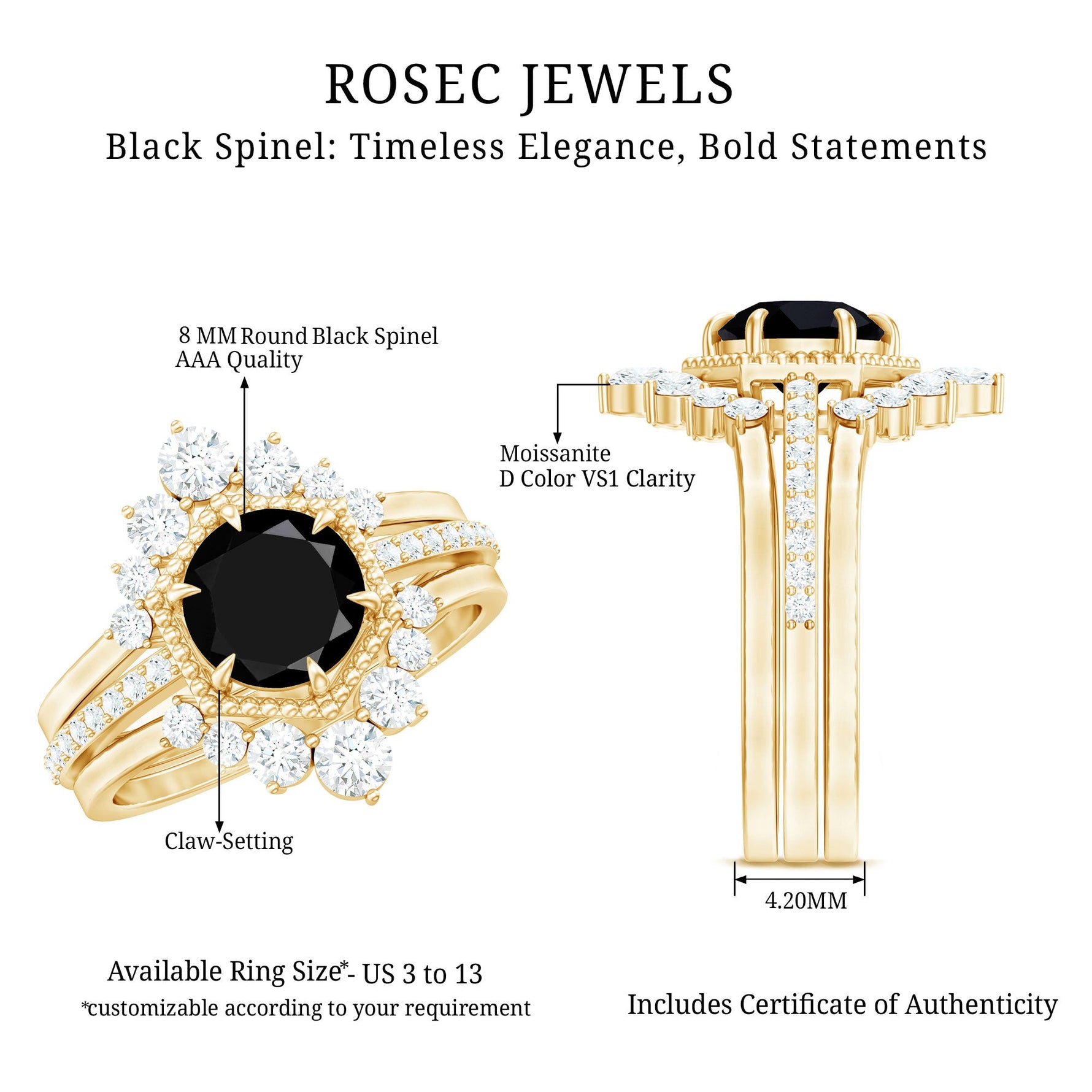 Vintage Inspired Black Spinel Wedding Ring Set with Moissanite Enhancers