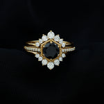 Vintage Inspired Black Spinel Wedding Ring Set with Moissanite Enhancers