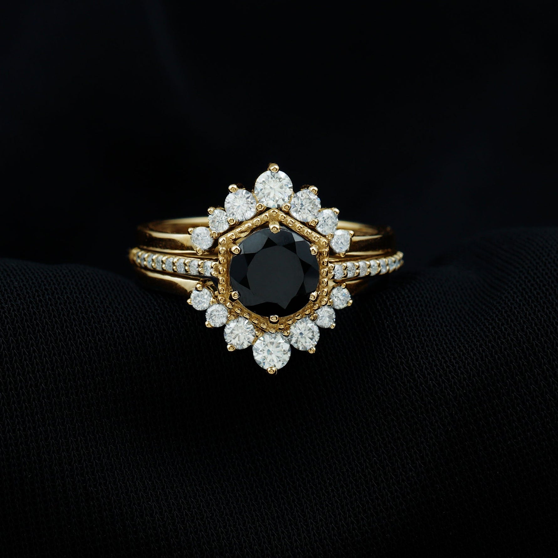 Vintage Inspired Black Spinel Wedding Ring Set with Moissanite Enhancers