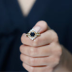 Vintage Inspired Black Spinel Wedding Ring Set with Moissanite Enhancers