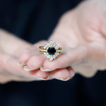 Vintage Inspired Black Spinel Wedding Ring Set with Moissanite Enhancers