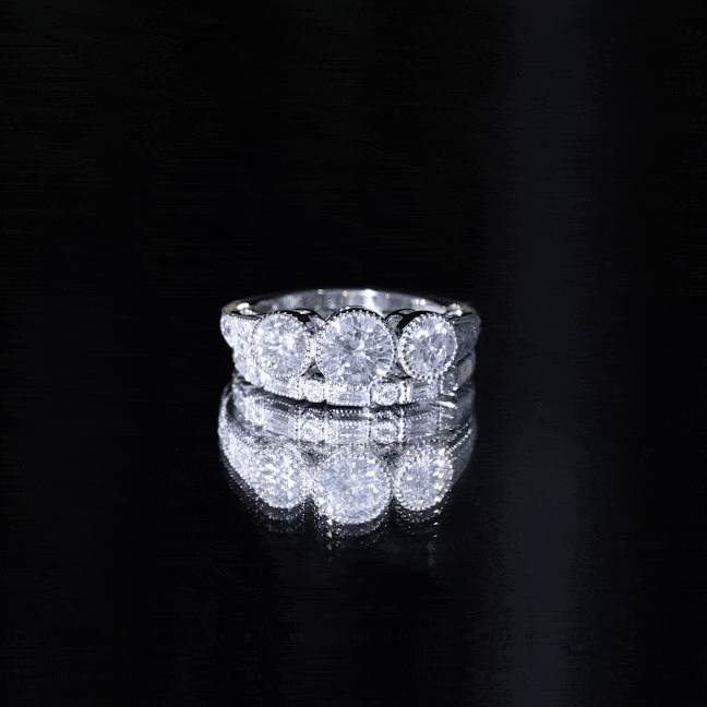 Moissanite 3 Stone Wedding Ring Set in Beaded Bezel Setting