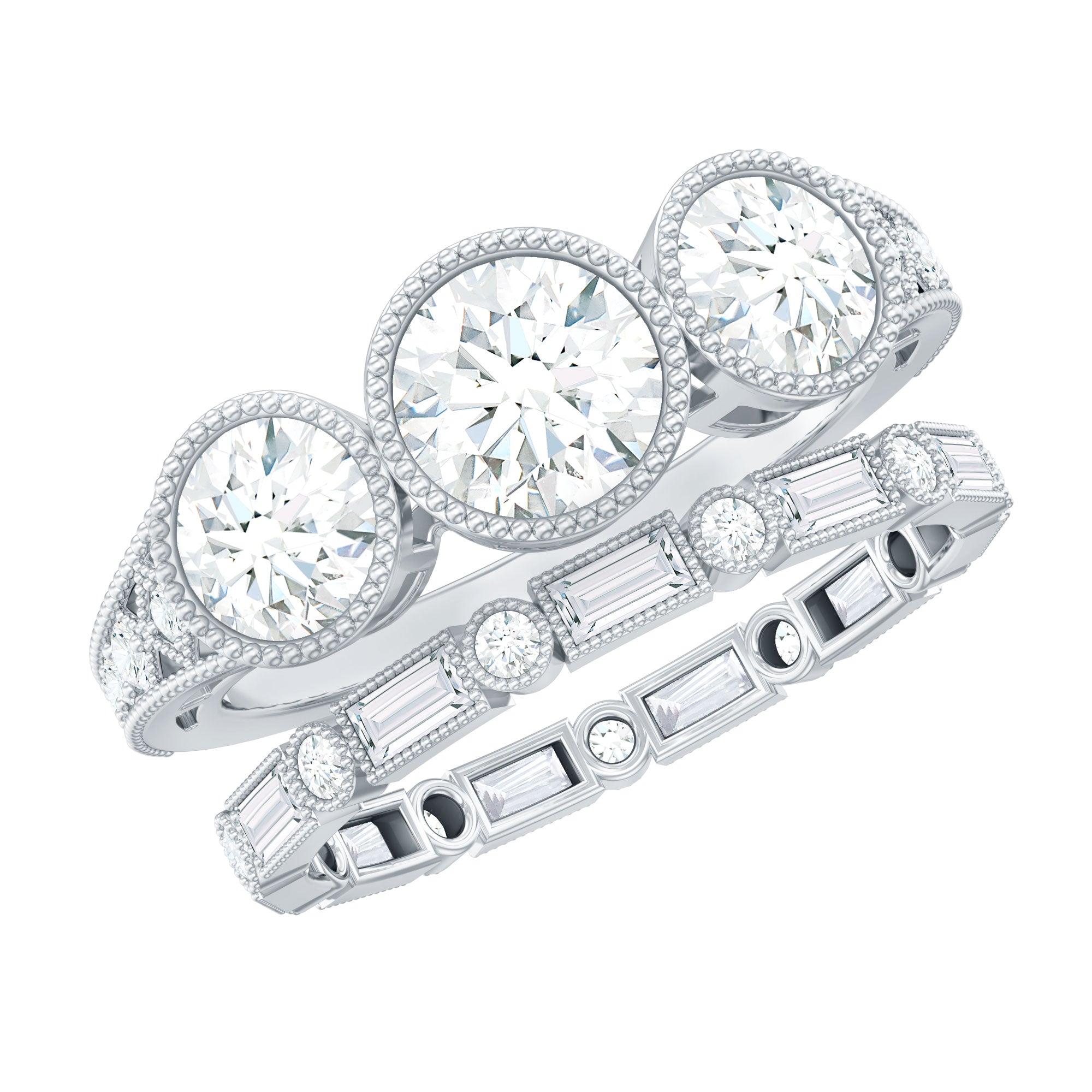 Moissanite 3 Stone Wedding Ring Set in Beaded Bezel Setting