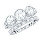 Moissanite 3 Stone Wedding Ring Set in Beaded Bezel Setting