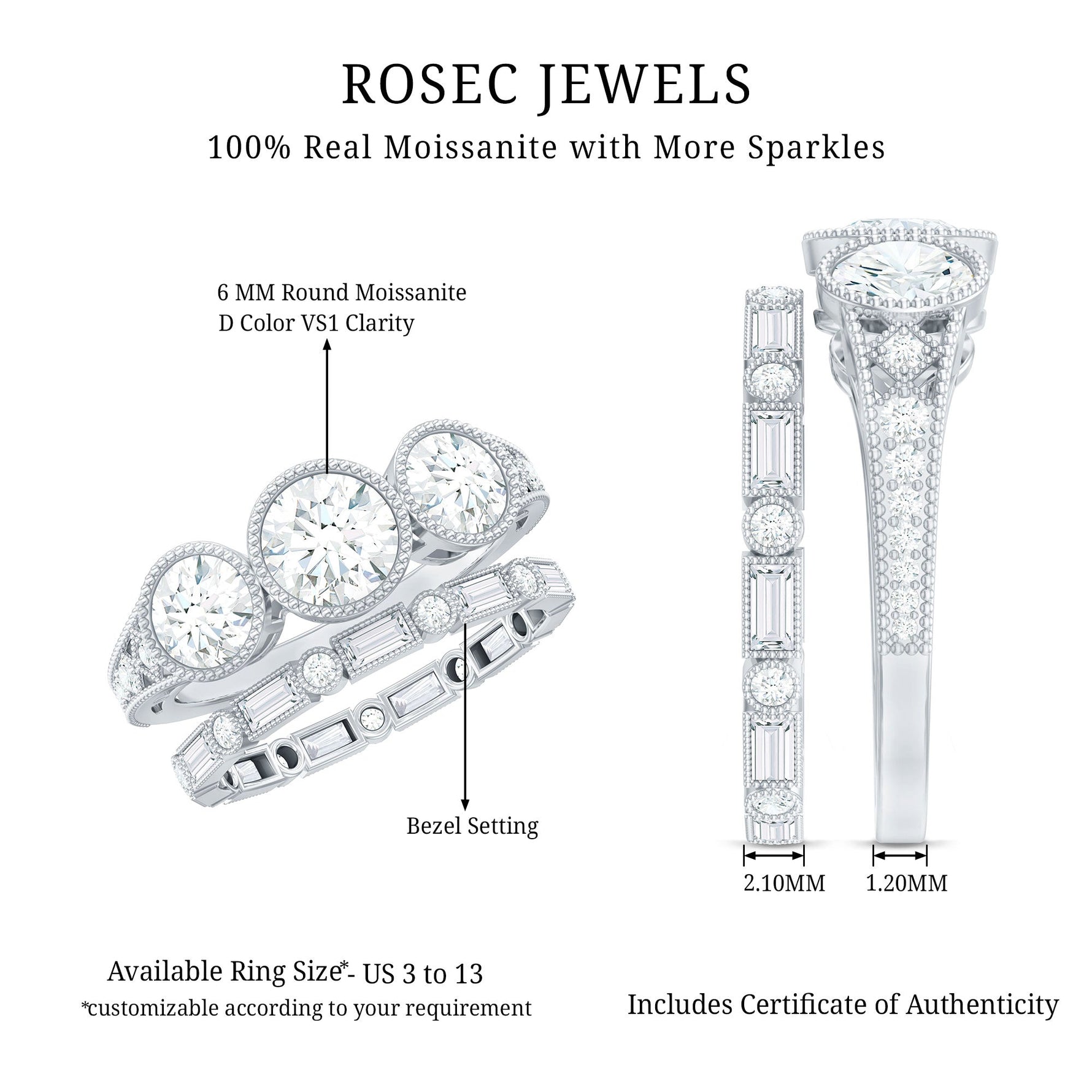 Moissanite 3 Stone Wedding Ring Set in Beaded Bezel Setting