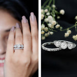 Moissanite 3 Stone Wedding Ring Set in Beaded Bezel Setting