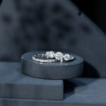 Moissanite 3 Stone Wedding Ring Set in Beaded Bezel Setting