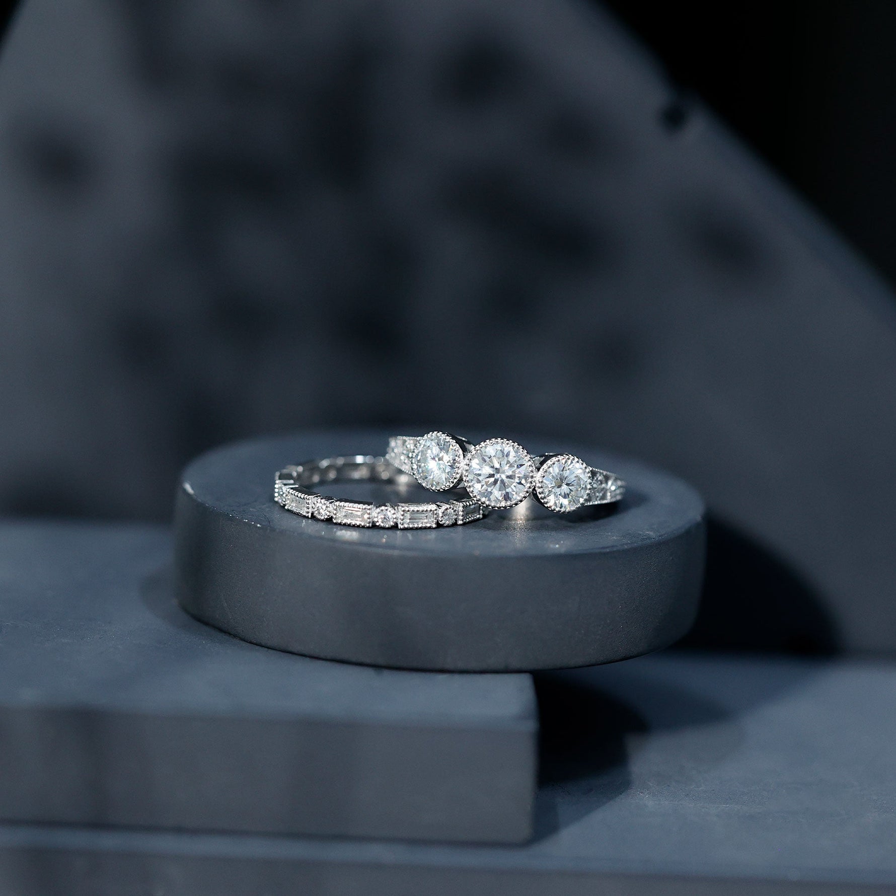 Moissanite 3 Stone Wedding Ring Set in Beaded Bezel Setting