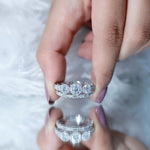 Moissanite 3 Stone Wedding Ring Set in Beaded Bezel Setting