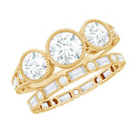Moissanite 3 Stone Wedding Ring Set in Beaded Bezel Setting
