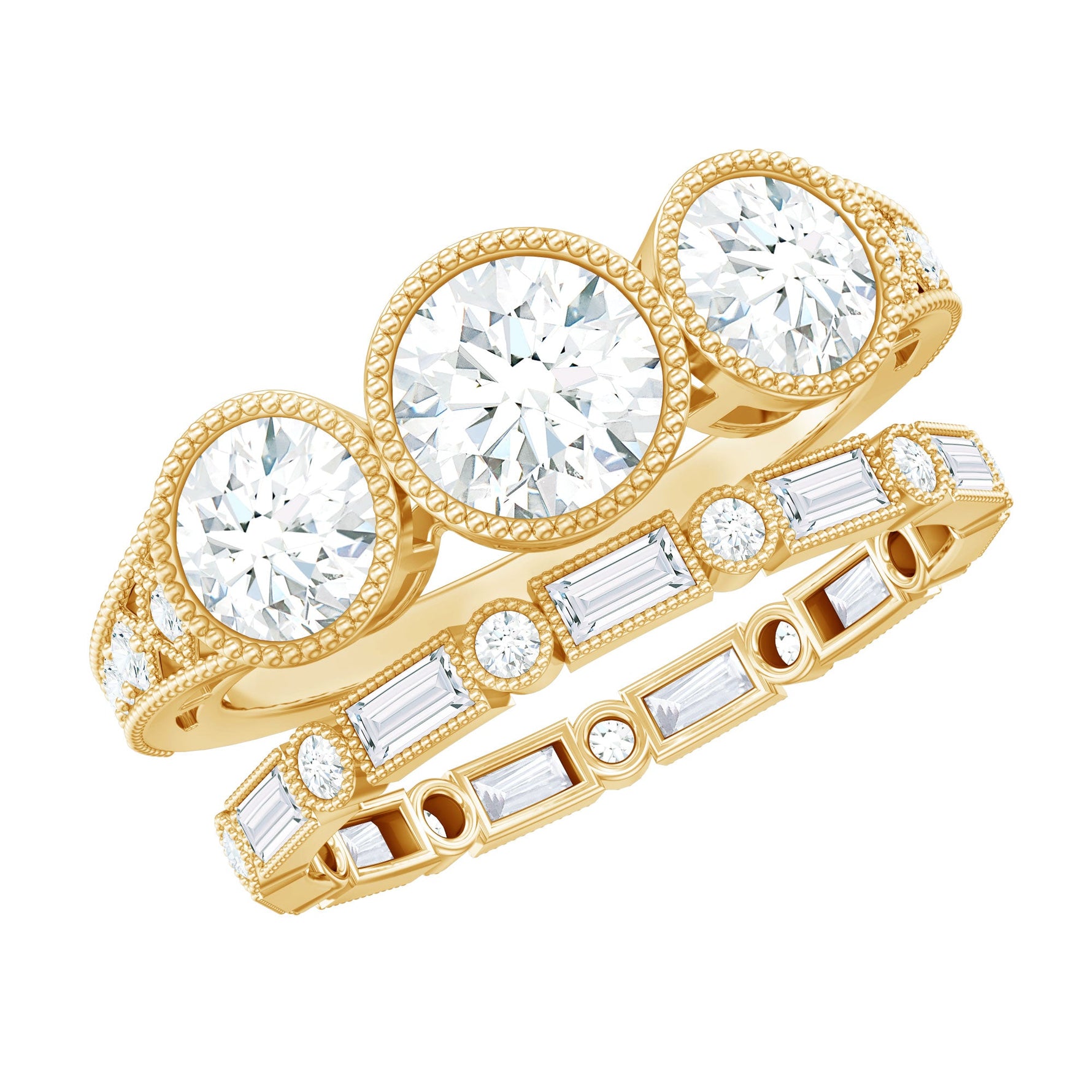 Moissanite 3 Stone Wedding Ring Set in Beaded Bezel Setting