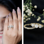 Moissanite 3 Stone Wedding Ring Set in Beaded Bezel Setting