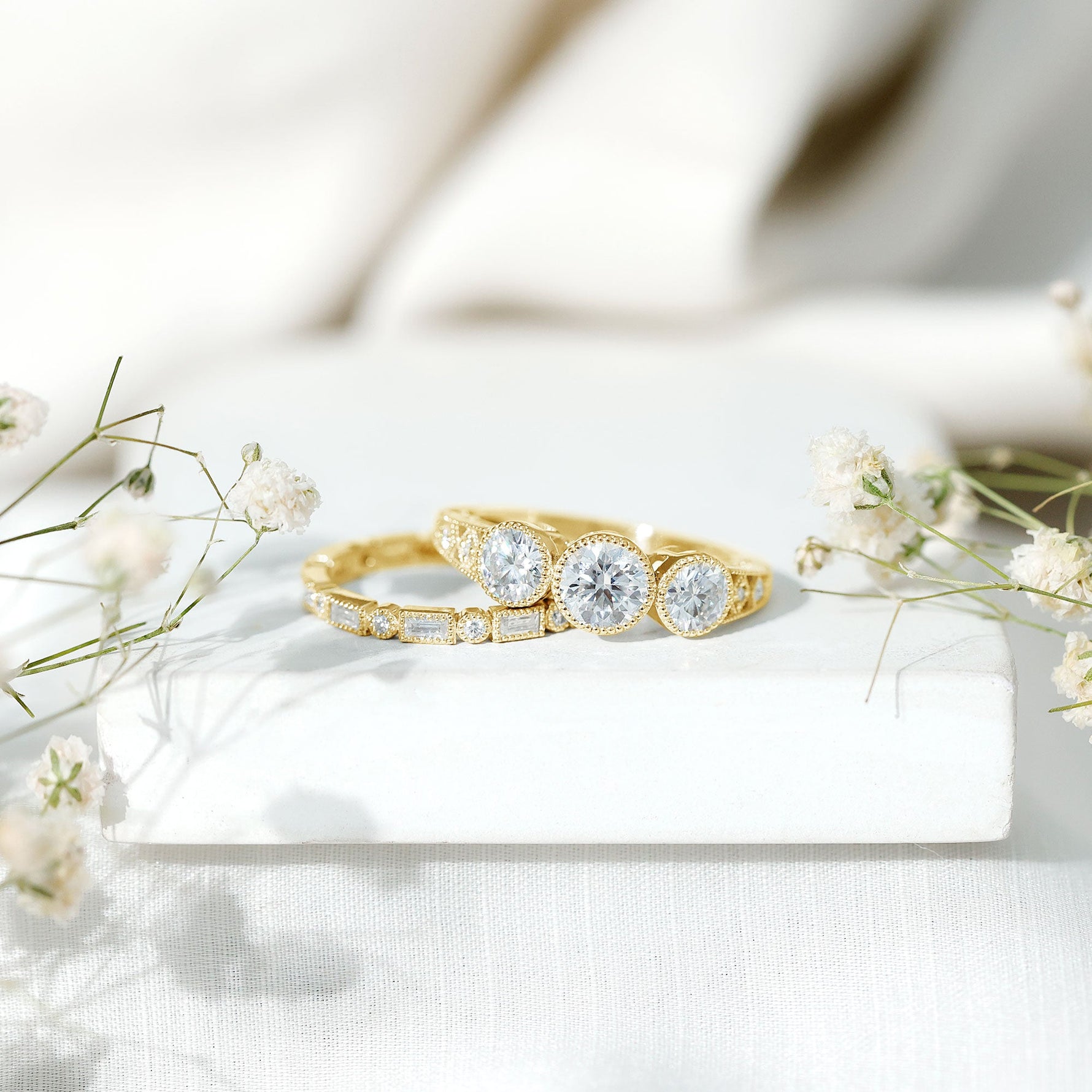 Moissanite 3 Stone Wedding Ring Set in Beaded Bezel Setting