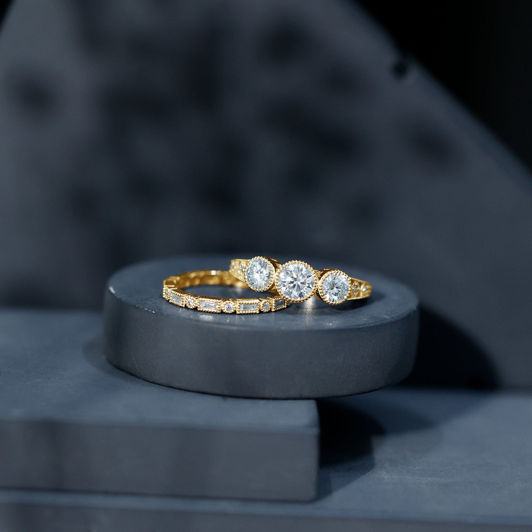 Moissanite 3 Stone Wedding Ring Set in Beaded Bezel Setting