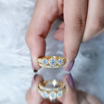 Moissanite 3 Stone Wedding Ring Set in Beaded Bezel Setting