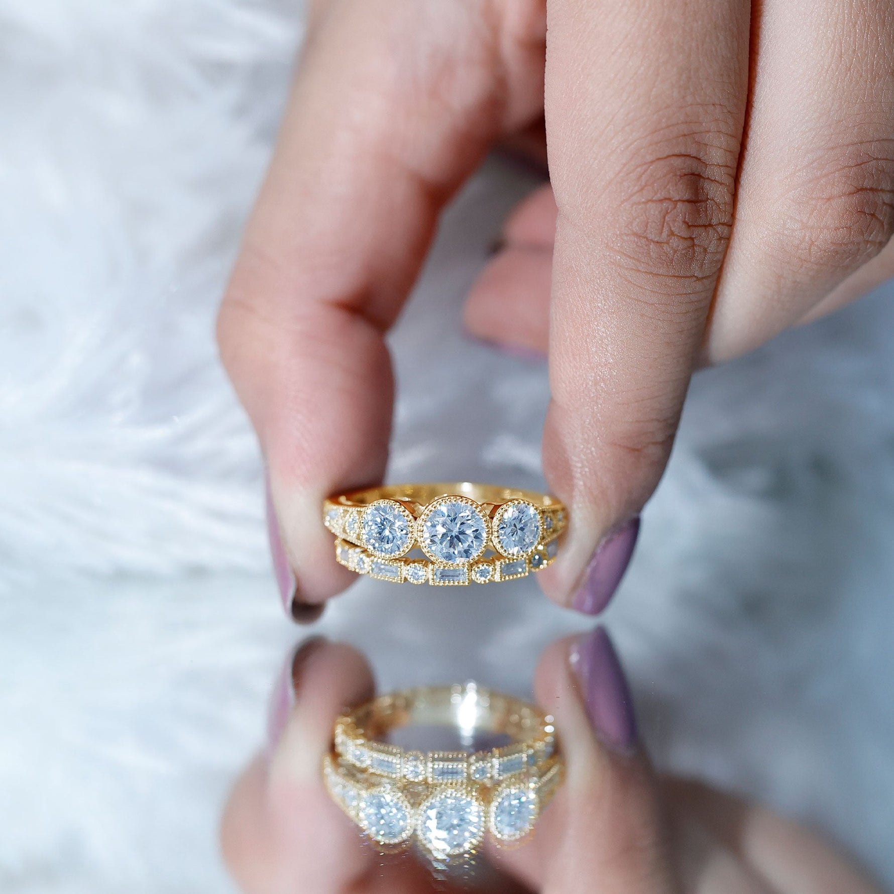 Moissanite 3 Stone Wedding Ring Set in Beaded Bezel Setting