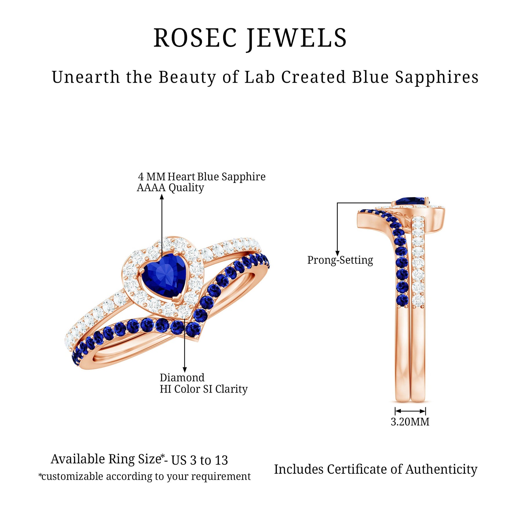 Lab Grown Blue Sapphire and Diamond Heart Wedding Ring Set