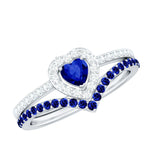 Lab Grown Blue Sapphire and Diamond Heart Wedding Ring Set