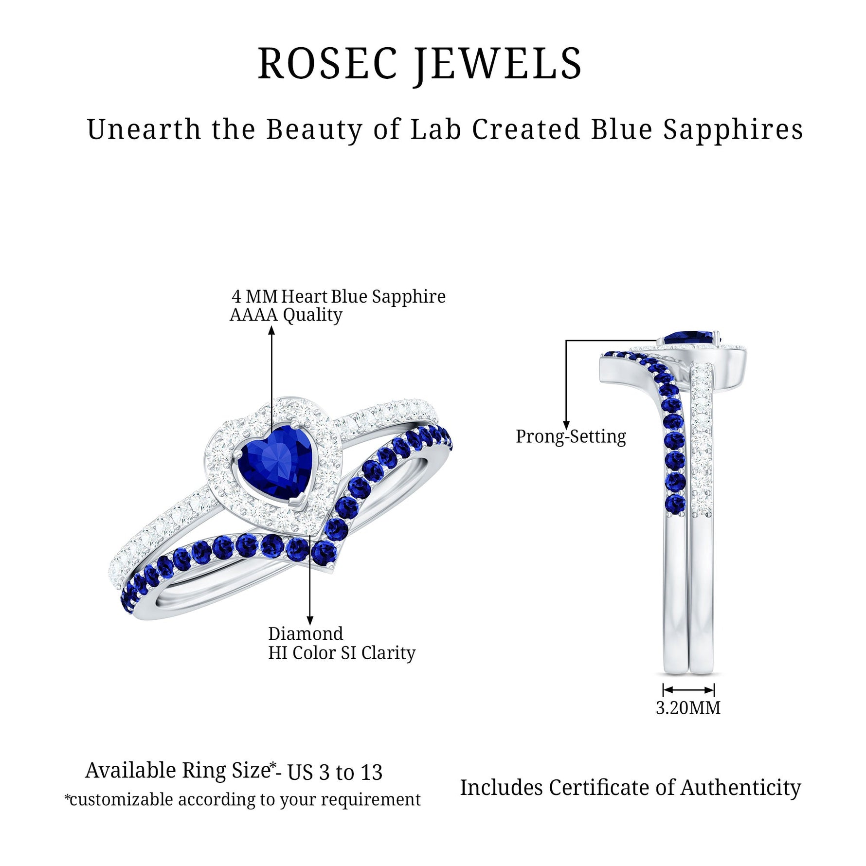 Lab Grown Blue Sapphire and Diamond Heart Wedding Ring Set