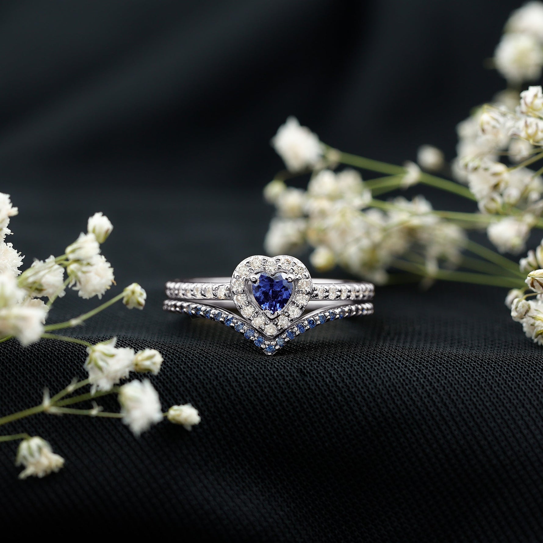 Lab Grown Blue Sapphire and Diamond Heart Wedding Ring Set
