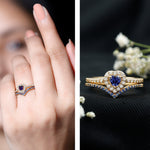 Lab Grown Blue Sapphire and Diamond Heart Wedding Ring Set