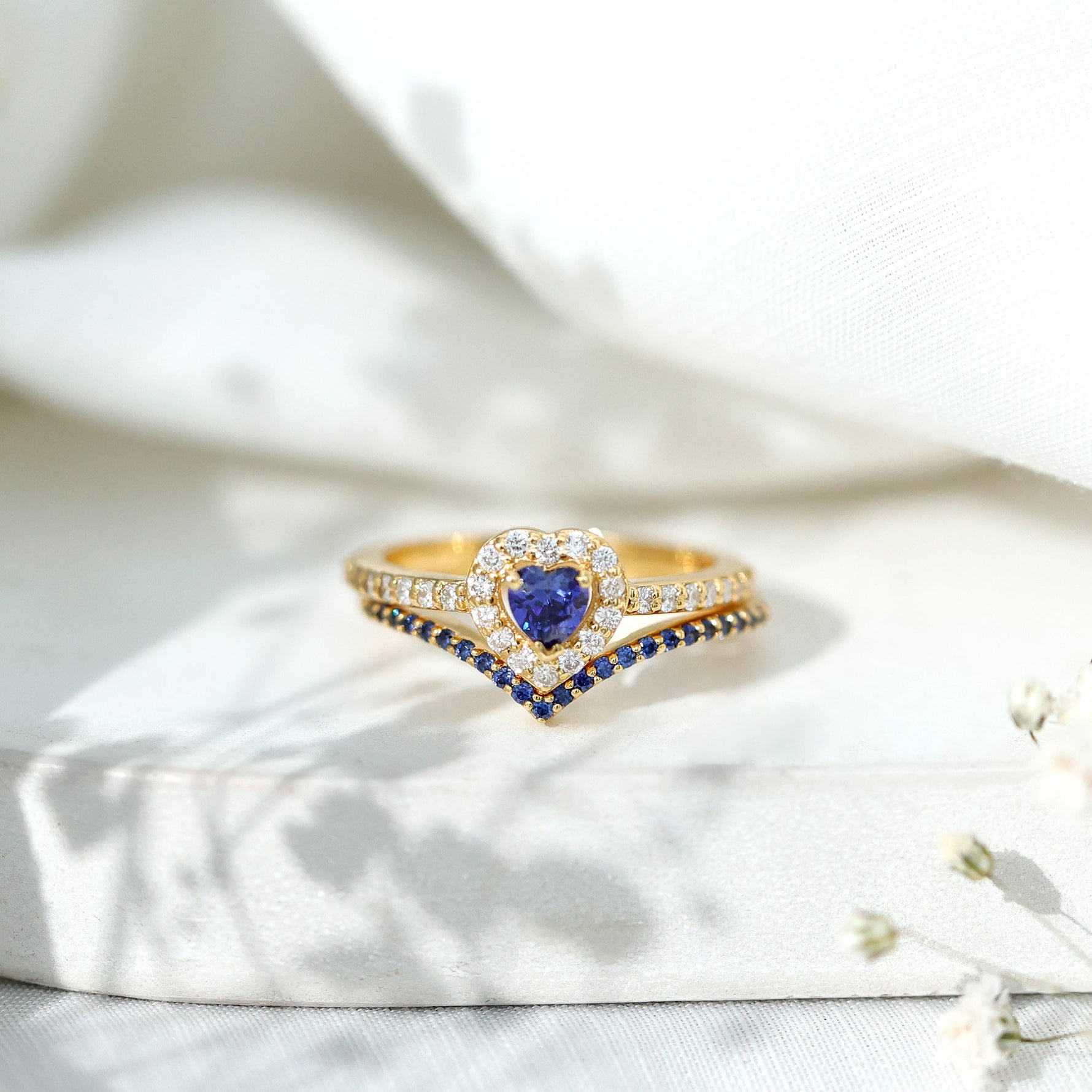 Lab Grown Blue Sapphire and Diamond Heart Wedding Ring Set
