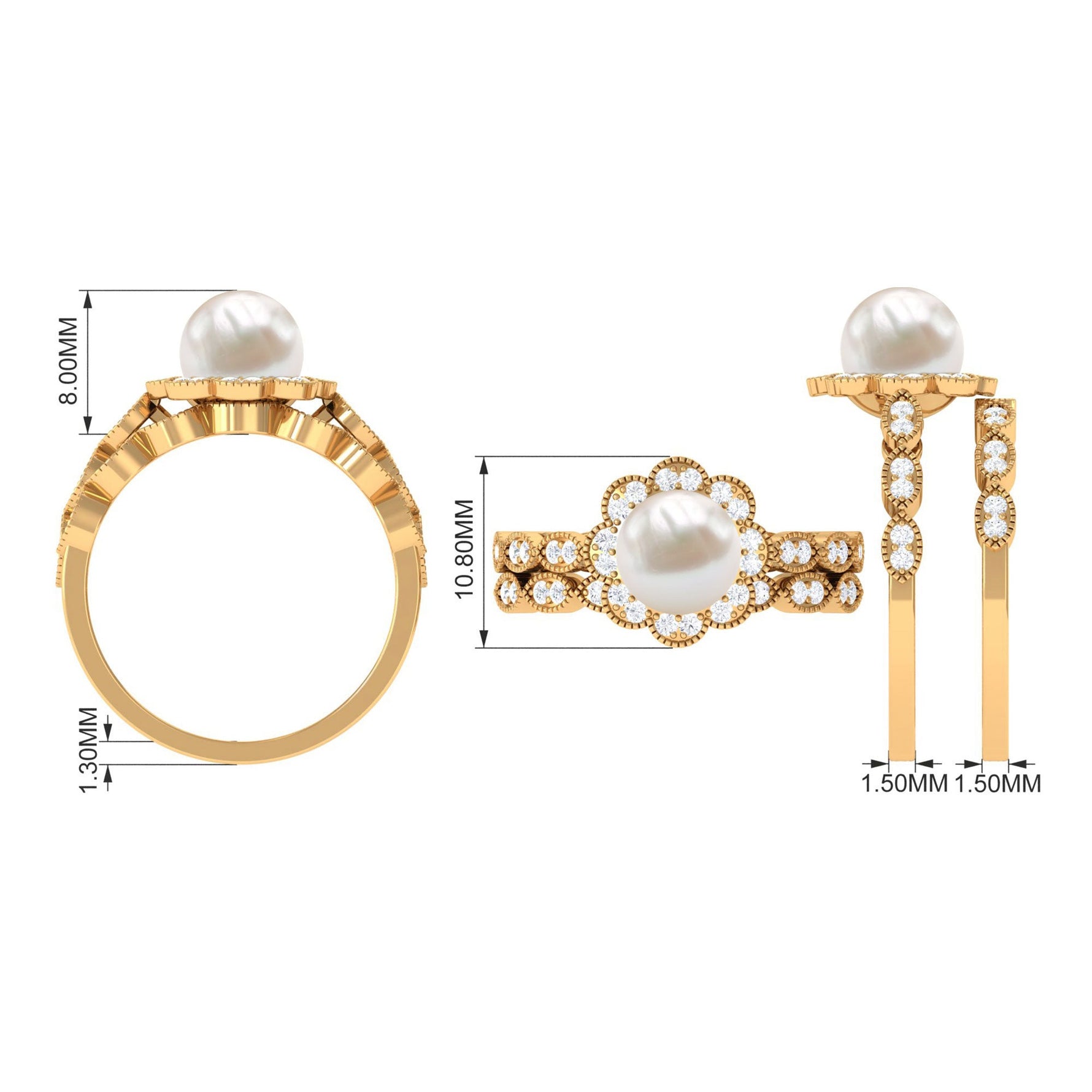 Freshwater Pearl and Diamond Wedding Ring Set